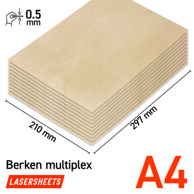 Lasersheets 10 x A4 0,5 mm Björkplywood | 210 x 297 mm | Värdepaket | För laserskärning, modellbygge, hobby, CNC, pyrografi