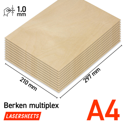 Lasersheets 10 x A4 1mm Björkplywood | 210 x 297 mm | Värdepaket | För laserskärning, modellbygge, hobby, CNC, pyrografi