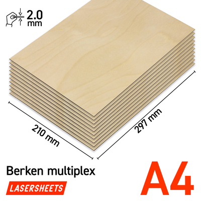 Lasersheets 10 x A4 2mm Björkplywood | 210 x 297 mm | Värdepaket | För laserskärning, modellbygge, hobby, CNC, pyrografi