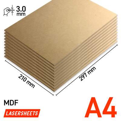 Lasersheets 10 x A4 3mm MDF | 210 x 297 mm | Värdepaket | För laserskärning, modellbygge, hobby, CNC, pyrografi