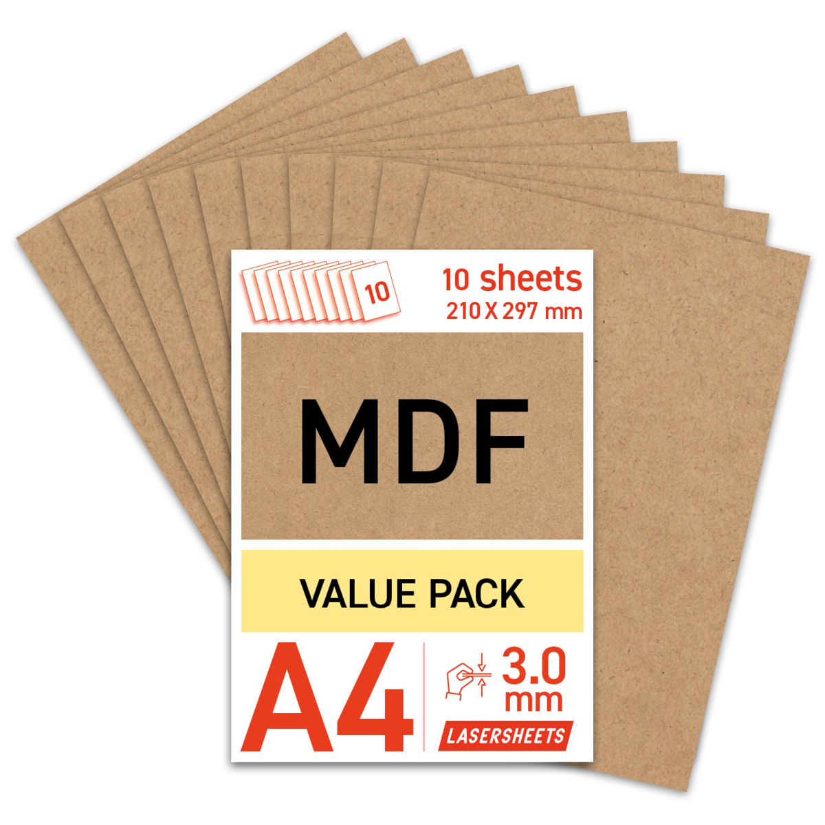 Lasersheets 10 x A4 3mm MDF | 210 x 297 mm | Värdepaket | För laserskärning, modellbygge, hobby, CNC, pyrografi
