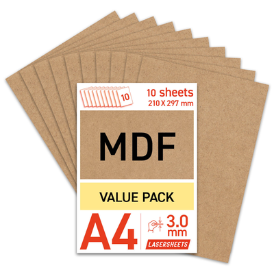 Lasersheets 10 x A4 3mm MDF | 210 x 297 mm | Värdepaket | För laserskärning, modellbygge, hobby, CNC, pyrografi