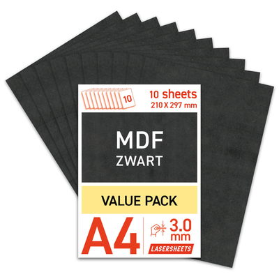 Lasersheets 10 x A4 3mm Svart MDF | 210 x 297 mm | Värdepaket | För laserskärning, modellbygge, hobby, CNC, pyrografi