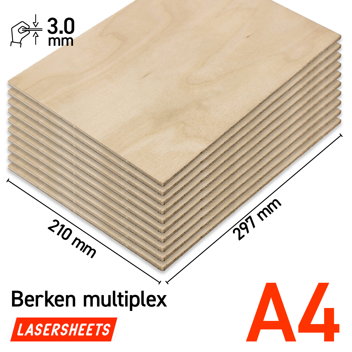 Lasersheets 10 x A4 3 mm Björkplywood | 210 x 297 mm | Värdepaket | För laserskärning, modellbygge, hobby, CNC, pyrografi