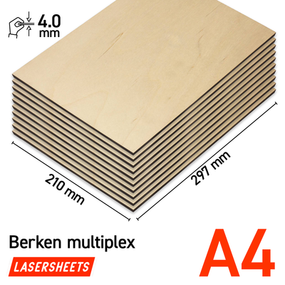 Lasersheets 10 x A4 4mm Björkplywood | 210 x 297 mm | Värdepaket | För laserskärning, modellbygge, hobby, CNC, pyrography