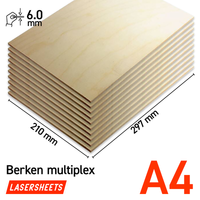 Lasersheets 10 x A4 6mm Björkplywood | 210 x 297 mm | Värdepaket | För laserskärning, modellbygge, hobby, CNC, pyrografi