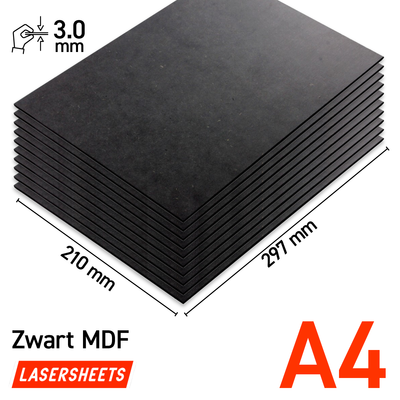 Lasersheets 10 x A4 3mm Svart MDF | 210 x 297 mm | Värdepaket | För laserskärning, modellbygge, hobby, CNC, pyrografi
