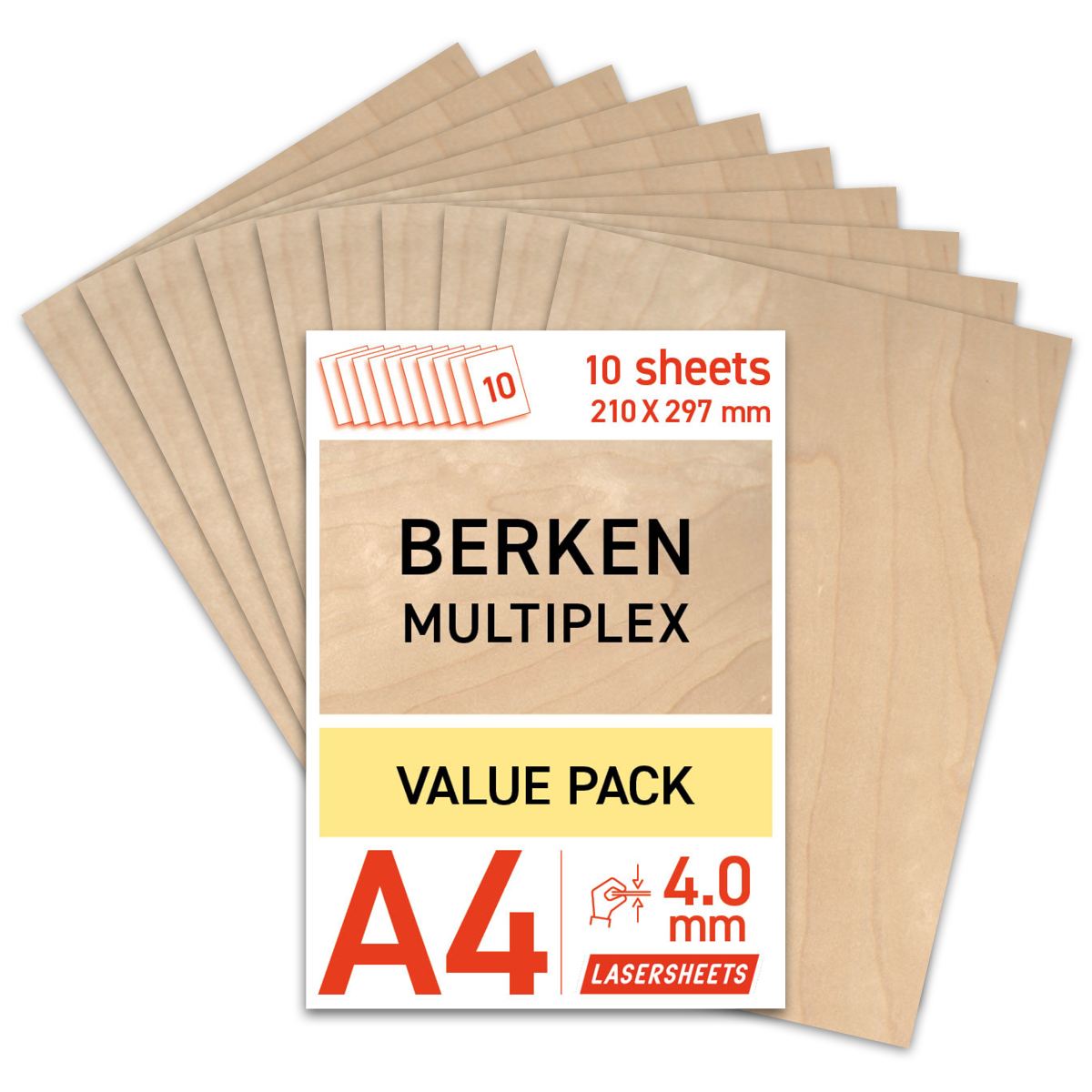 Lasersheets 10 x A4 4mm Björkplywood | 210 x 297 mm | Värdepaket | För laserskärning, modellbygge, hobby, CNC, pyrography
