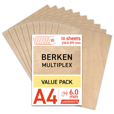Lasersheets 10 x A4 6mm Björkplywood | 210 x 297 mm | Värdepaket | För laserskärning, modellbygge, hobby, CNC, pyrografi