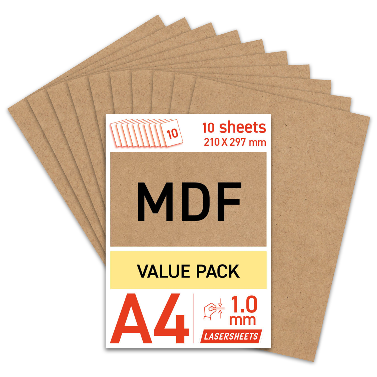 Lasersheets 10 x A4 1mm MDF | 210 x 297 mm | Värdepaket | För laserskärning, modellbygge, hobby, CNC, pyrografi